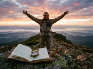 Wandelaar met opgeheven armen op bergtop bij zonsopgang, kompas en dagboek op rots, diepe valleien op achtergrond
