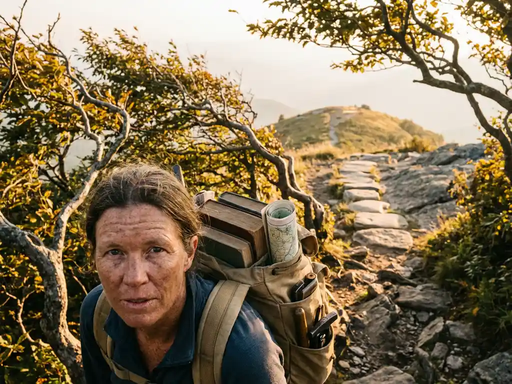 Bergbeklimmer met rugzak vol boeken loopt vastberaden over rotsachtig pad naar bergtop in gouden avondlicht