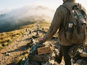 Wandelaar pauzeert op bergpad bij stenen gidsen, kijkt omhoog naar mistige bergtop in gouden ochtendlicht
