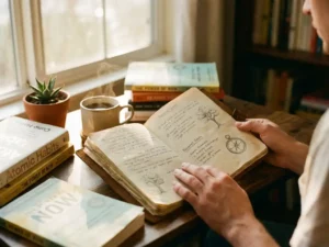 Handen houden open leren dagboek met handgeschreven doelen, omringd door boeken en koffie op houten bureau