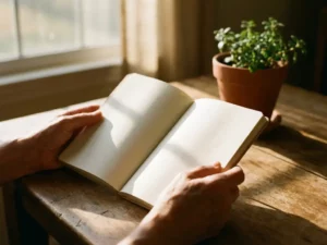 Handen houden open dagboek met lege pagina's vast, plantje op houten bureau, zachte ochtendzon door raam