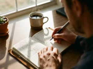 Persoon schrijft doelen in leren dagboek met vulpen, koffie en succulent op houten bureau in ochtendlicht