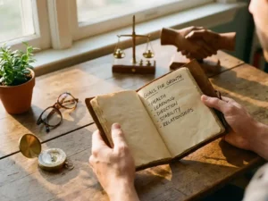 Open leren dagboek met handgeschreven doelen, omringd door plant, bril, kompas, weegschaal en handdruk beeldje op houten bureau