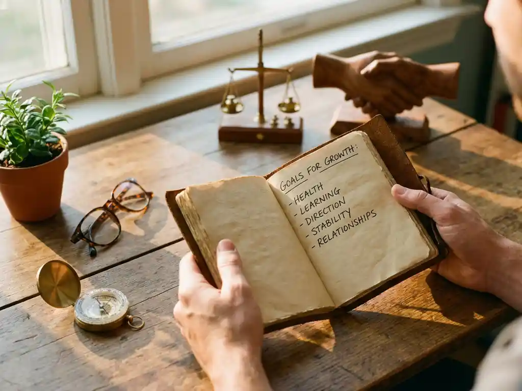 Open leren dagboek met handgeschreven doelen, omringd door plant, bril, kompas, weegschaal en handdruk beeldje op houten bureau