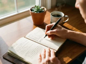 Handen schrijven doelen in leren dagboek met vulpen op houten bureau met koffie en plantje in ochtendlicht