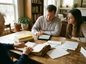 Multigenerationele familie verzameld rond eettafel, grootmoeder wijst naar dagboek terwijl anderen luisteren en notities maken