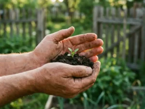 Handen houden voorzichtig groen zaailing vast in donkere aarde, gouden zonlicht filtert door vingers in tuin