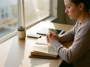 Persoon schrijft in dagboek aan houten bureau met smartphone, tablet en plant bij gouden zonlicht door raam