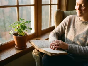Persoon leest rustig in dagboek bij raam met plantje, warme zonnestralen creëren vredige sfeer in leeshoek