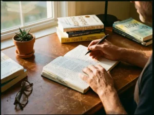 Persoon schrijft met pen in dagboek op houten bureau met zelfhulpboeken, plantje en leesbril in warm zonlicht