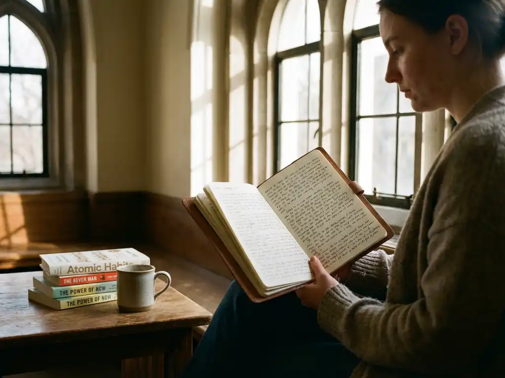 Persoon leest dagboek in zonnige bibliotheek met persoonlijke ontwikkelingsboeken op houten tafel