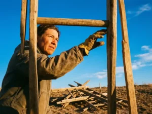 Person klimt houten ladder tegen blauwe lucht, hand reikt naar volgende sport, kapotte ladderonderdelen op grond