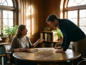 Professionele life coach in gesprek met cliënt aan houten tafel in warm kantoor met natuurlijk licht