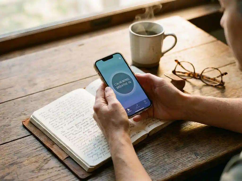 Handen houden smartphone met meditatie-app boven open dagboek op houten bureau met koffie en bril in ochtendlicht