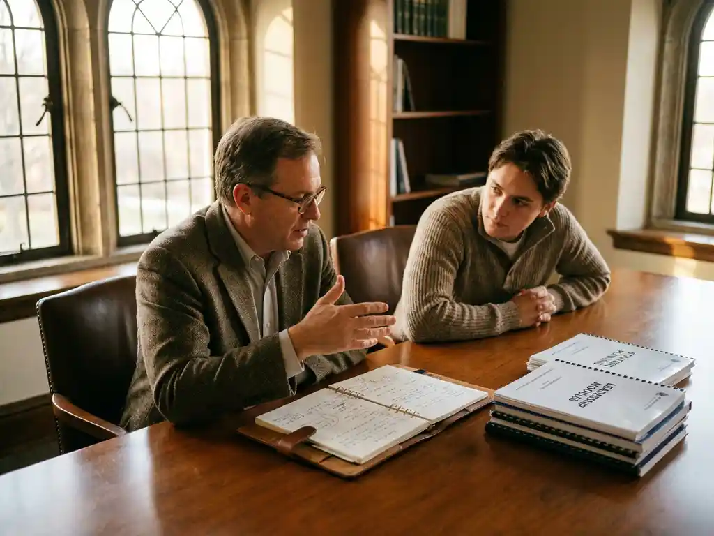 Professionele mentor legt uit aan aandachtige leerling aan houten tafel met notitieboek en werkboeken in warm licht