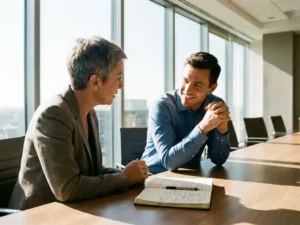 Mentor en medewerker in gesprek aan moderne vergadertafel, natuurlijk licht door ramen, professionele coaching sessie