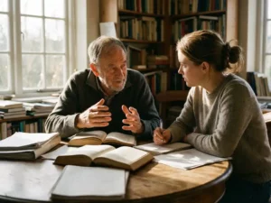 Wijze mentor in gesprek met jongere student aan houten tafel, boeken en notities tussen hen, warme bibliotheeksfeer