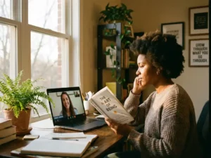Persoon aan houten bureau met laptop videogesprek lifecoach en zelfhulpboek in handen, warme thuiskantoor omgeving