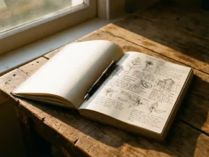 Open boek op houten tafel met vulpen, blanco pagina's links, handgeschreven notities rechts, warm zonlicht