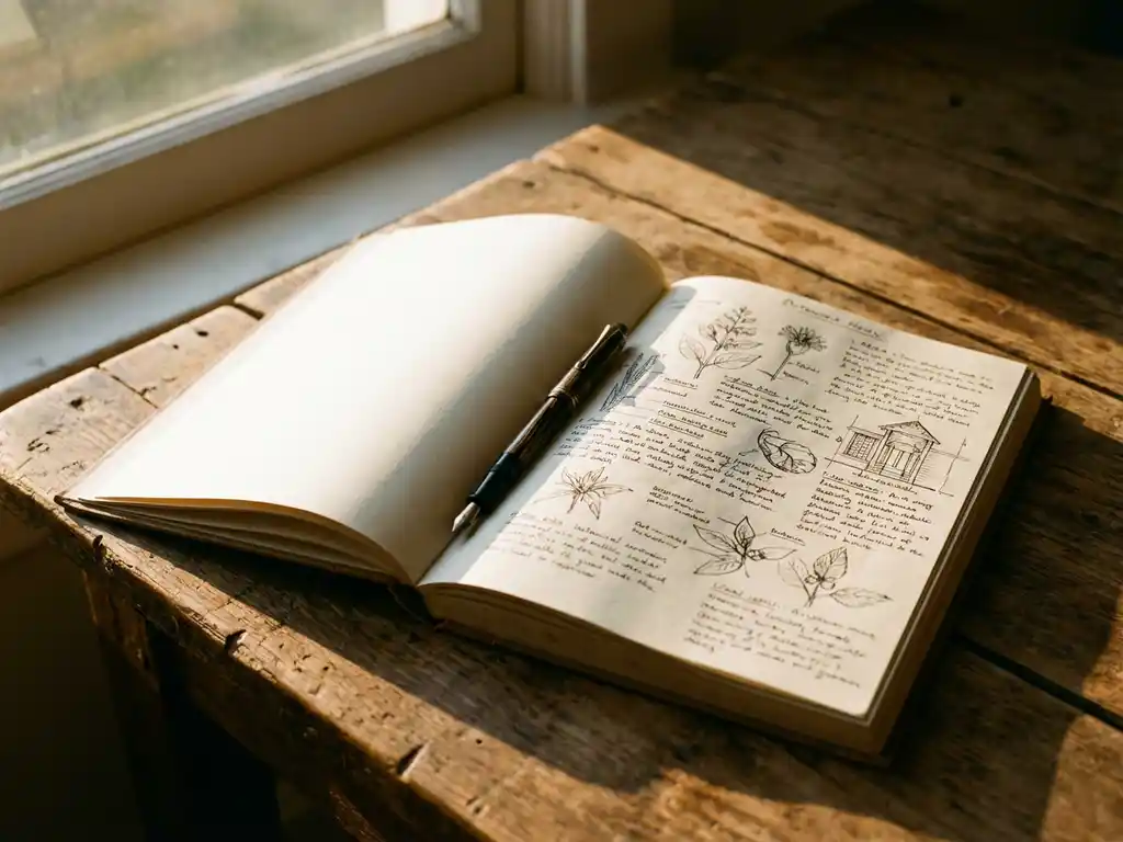 Open boek op houten tafel met vulpen, blanco pagina's links, handgeschreven notities rechts, warm zonlicht