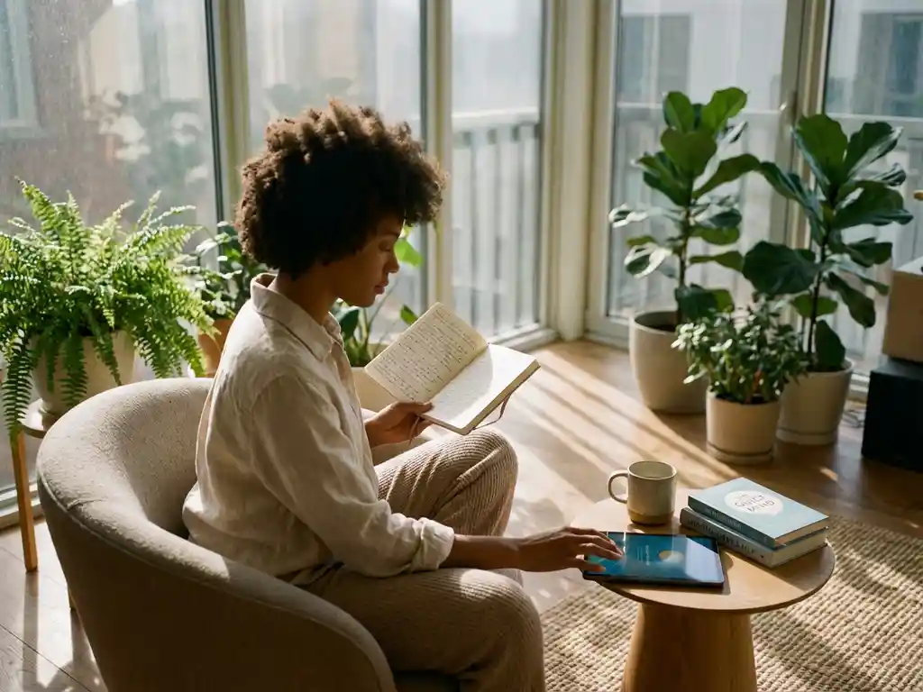 Persoon in moderne stoel met dagboek en meditatie-app op tablet, omringd door planten in zonnige woonkamer