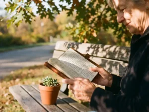 Persoon schrijft contemplatief in dagboek op parkbank met plantje, ochtendlicht filtert door bladeren
