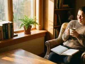 Persoon schrijft in dagboek bij raam met plant, boeken en thee in warm zonlicht