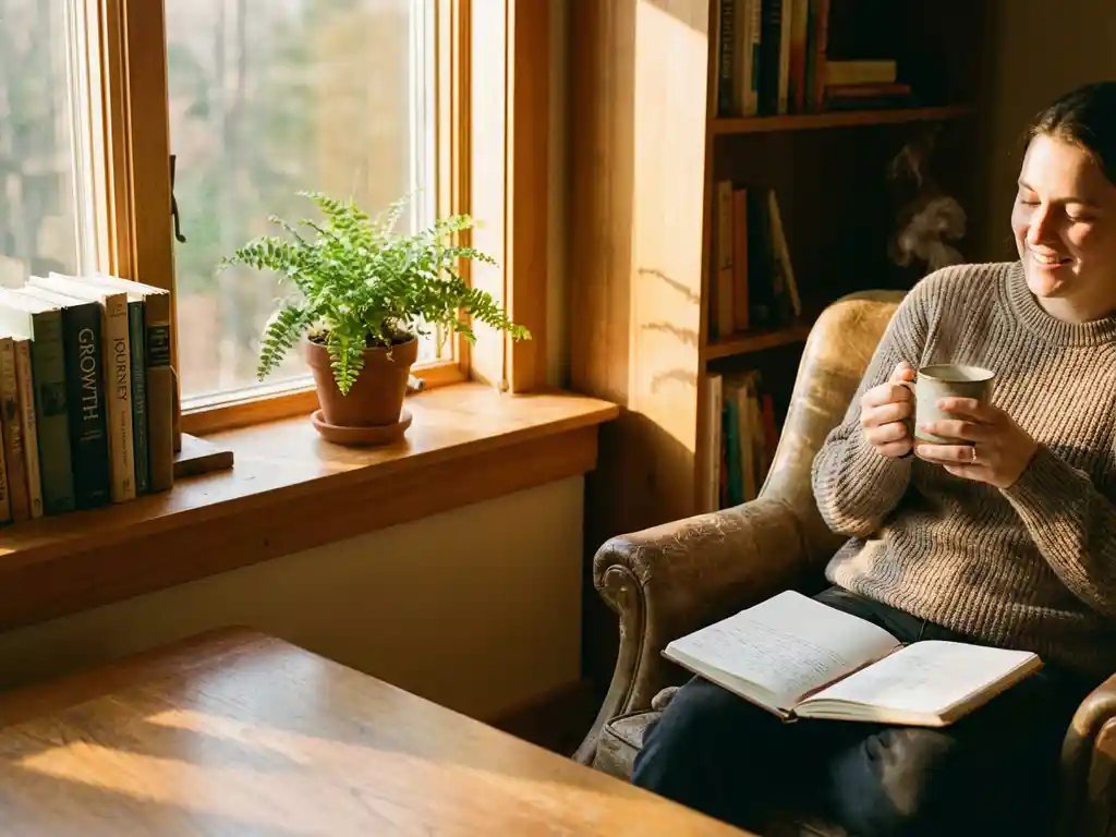 Persoon schrijft in dagboek bij raam met plant, boeken en thee in warm zonlicht
