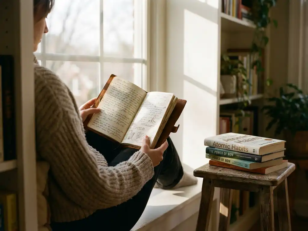 Persoon leest handgeschreven dagboek in gezellige leeshoek met persoonlijke ontwikkelingsboeken en warm zonlicht