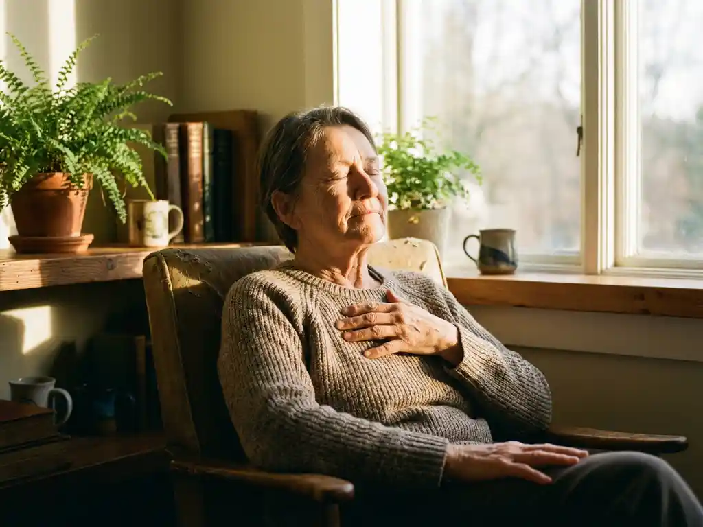 Persoon zit rustig in stoel met hand op hart, ogen gesloten in contemplatieve houding bij natuurlijk licht