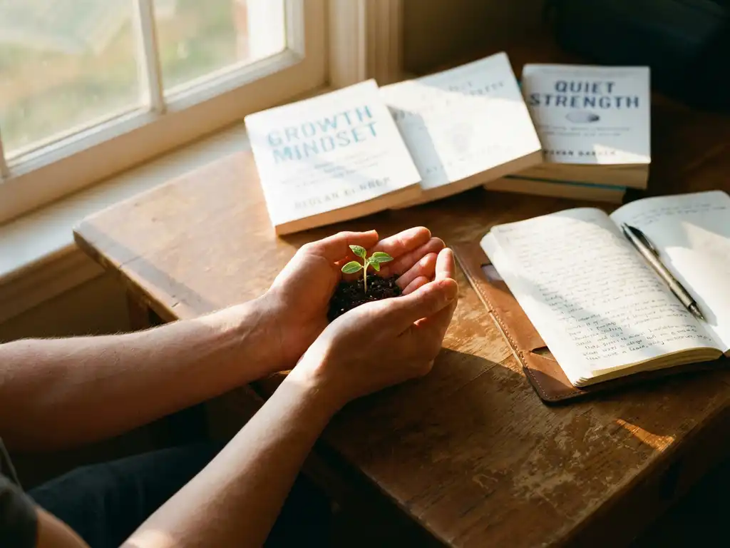 Handen houden teder een jonge plant die opgroeit uit donkere aarde, omringd door zelfhulpboeken en dagboek op houten bureau