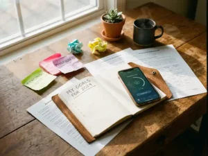 Houten bureau met open dagboek, smartphone met meditatie-app, werkbladen, notities, plant en koffiekop in natuurlijk licht
