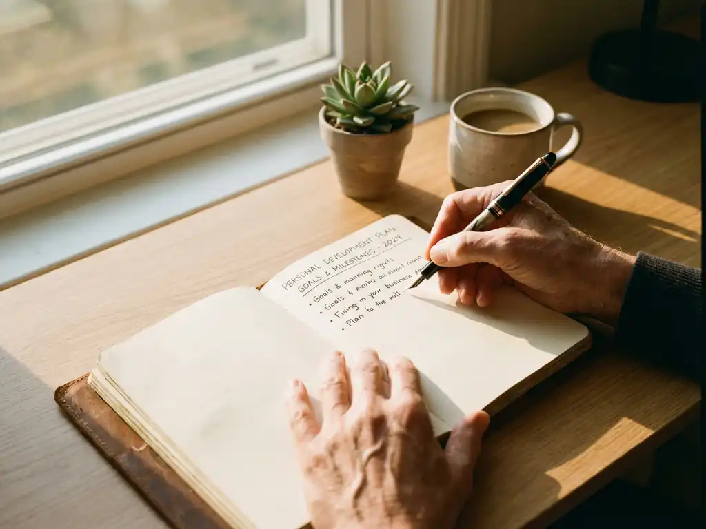 Persoon schrijft met vulpen doelen in leren dagboek op houten bureau met plant en koffie in warm ochtendlicht