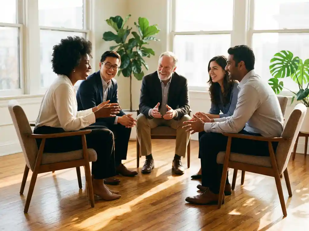 Diverse groep van vijf professionals in levendige discussie zittend in cirkel bij raam met natuurlijk licht