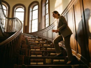 Professionele persoon klimt houten trap van boeken en certificaten, gouden zonlicht door ramen, opwaartse beweging