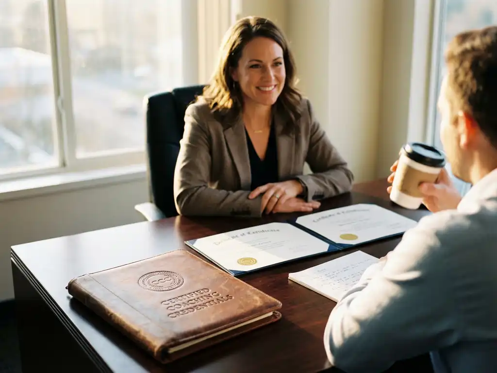 Professionele ontwikkelingscoach toont certificaten en diploma's aan cliënt tijdens coaching sessie op kantoor