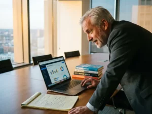 Professionele oudere zakenvrouw bestudeert laptop met leermodules aan vergadertafel met boeken en notities