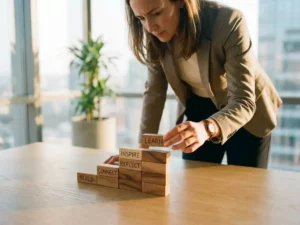 Professionele vrouw in kantoor stapelt houten blokken in trap patroon, symbool voor persoonlijke groei en vooruitgang