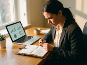 Professionele vrouw in zakelijke kleding bekijkt persoonlijke ontwikkelingsjournal aan houten bureau met laptop