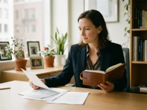 Professionele vrouw met dagboek en documenten aan modern bureau, natuurlijk licht, planten op achtergrond