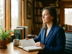 Professionele vrouw in blazer met dagboek aan houten bureau, koffie en plant nabij raam met ochtendlicht