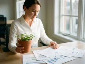 Professionele vrouw houdt plant vast terwijl ze groeicijfers bestudeert aan houten bureau bij raam