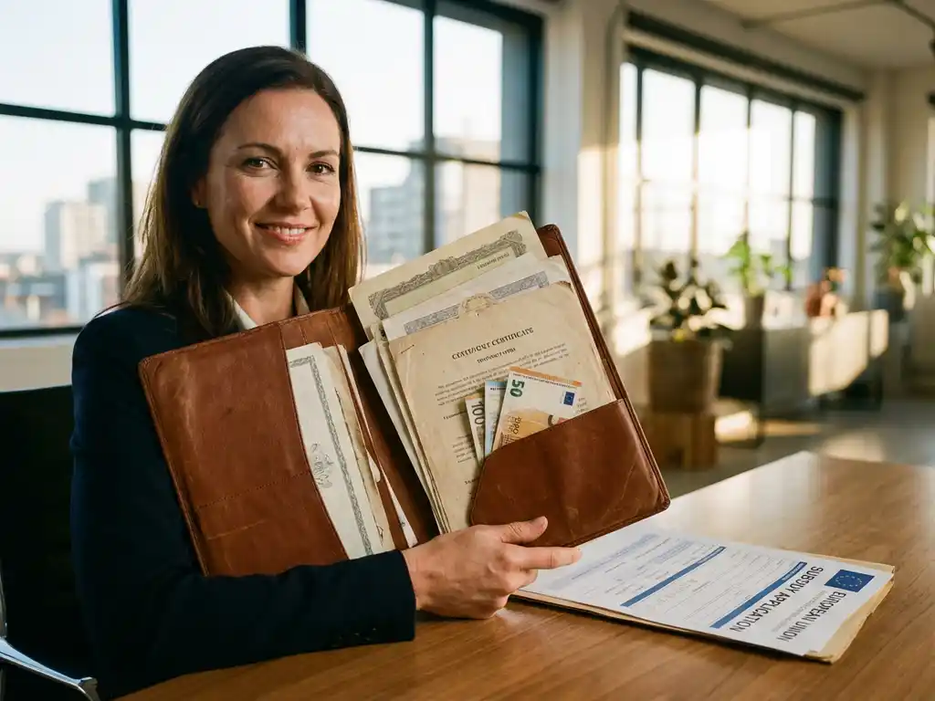 Professionele vrouw toont portfolio met certificaten en euro bankbiljetten in modern kantoor