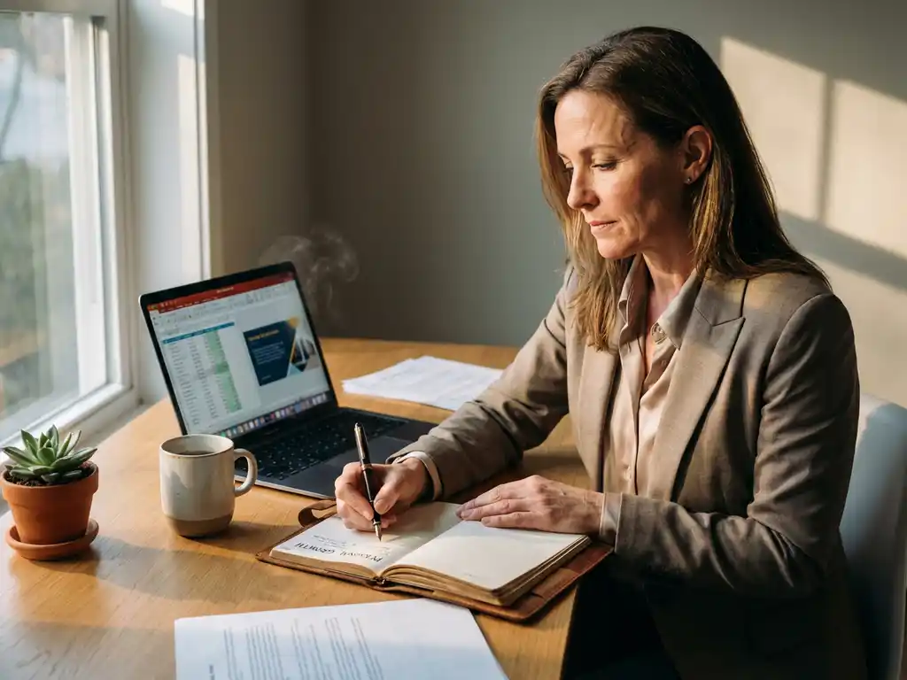 Professionele vrouw in pak schrijft in dagboek terwijl ze laptop gebruikt op modern bureau met koffie en plant