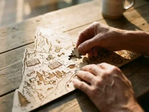 Handen plaatsen laatste puzzelstuk in bergsilhouet met levenssymbolen zoals boeken en halters op houten bureau