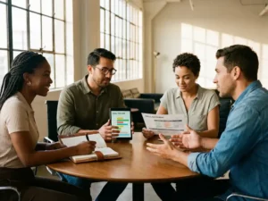 Divers team van vier professionals werkt samen aan persoonlijke ontwikkeling rond houten tafel in modern kantoor