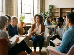 Diverse professionals in cirkel met dagboeken tijdens teambespreking in moderne werkruimte met natuurlijk licht