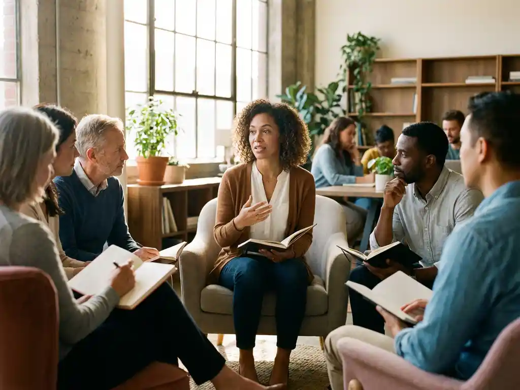 Diverse professionals in cirkel met dagboeken tijdens teambespreking in moderne werkruimte met natuurlijk licht