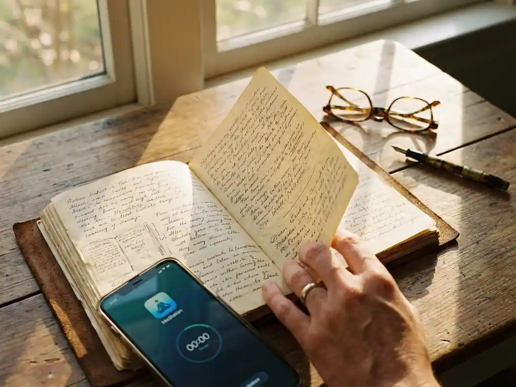 Open leren dagboek op houten tafel met handgeschreven notities, smartphone met meditatie-app, leesbril en vulpen
