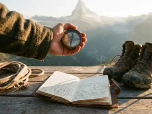 Hand houdt vintage messing kompas vast dat naar bergpiek wijst, met open leren dagboek en wandeluitrusting op houten planken